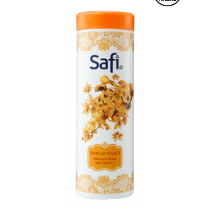 Safi Perfumed Talcum Powder with Vitamin E (Orange) (160g) (Malaysia) (တစ်နေကုန် မွှေးပျံ့လန်းဆန်းစေပြီး အသားအရေကို နူးညံ့ချောမွေ့စေရန် ဗီတာမင် E ဖြင့် အထူးဖော်စပ်ထားသော ရေမွှေးပေါင်ဒါ)