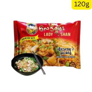 Lady Shan Instant Shan Noodle (မြန်မာနိုင်ငံထုတ် ပရီမီယံ ပန်းသေးအရသာ ရှမ်းခေါက်ဆွဲခြောက်၊ ဟာလာလ်စစ်စစ်ဖြစ်ပြီး အလေးချိန် ၁၀၀ ဂရမ်ခန့်ပါဝင်၊ စပ်စိမ့်မွှေးသော ပန်းသေးရိုးရာ အရသာစစ်စစ်ကို မိနစ်ပိုင်းအတွင်း အသင့်ချက်စားနိုင်သော ခေါက်ဆွဲထုပ်)