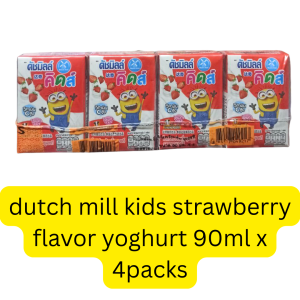 Dutch Mill Kids Strawberry Flavor Yoghurt (90ml x 4packs) (Thailand) (သားသားမီးမီးတို့က အသီးအနှံနဲ့ ဒိန်ချဉ်ဆိုရင် ငြင်းနေလို့ စိတ်ညစ်နေရလား? ချစ်စရာ Minions လေးတွေပါတဲ့ Dutch Mill Kids Strawberry Yoghurt လေးဆိုရင်တော့ ကလေးတို့အကြိုက် ဖြစ်မှာ အသေအချာပါပဲ)