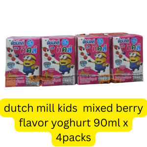 Dutch Mill Kids Mixed Berries Drinking Yogurt (90ml x 4 packs) (Thailand) (သားသားမီးမီးတို့ ကျန်းမာတက်ကြွပြီး ဉာဏ်ရည်ထက်မြက်နေစေဖို့ ဘာတိုက်ရမလဲ စဉ်းစားနေလား? Minions လေးတွေနဲ့အတူ အာဟာရတွေအပြည့်ပါတဲ့ Dutch Mill Kids Mixed Berries လေး ရှိနေပြီနော်)