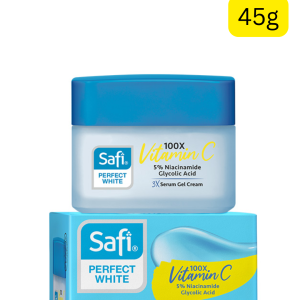 Safi Perfect White 3X Serum Gel Cream moisturizer (45g) (Malaysia) (Vitamin C အပြင် Niacinamide နဲ့ Glycolic Acid ပါဝင်လို့ ချွေးပေါက်ကျဉ်းပြီး အသားကို ချောမွေ့စေတယ်)