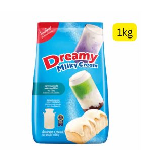 Dreamy Milky Cream (ထိုင်းနိုင်ငံထုတ် အရည်အသွေးမြင့် နို့မှုန့်+ မုန့်ခရင်မ်မှုန့် Non Dairy  creamer ဖြစ်ပြီး နယူးဇီလန်နိုင်ငံမှ တင်သွင်းသော နို့မှုန့်စစ်စစ် (Contains milk powder from New Zealand) ပါဝင်ဖော်စပ်ထားခြင်း၊ နို့ရည်စစ်စစ်နေရာတွင် အစားထိုး အသုံးပြုနိုင်ပြီး ဖျော်စပ်လိုက်ပါက ပိုမိုပျစ်ပြစ်၊ ဆိမ့်မွှေးပြီး နို့အရသာကို တိုးမြင့်ပေးနိုင်ခြင်း (Rich & Milky / Suitable as a milk substitute)၊ ကော်ဖီ၊ လက်ဖက်ရည်၊ ပူတင်း၊ အုန်းနို့ကျောက်ကျော၊ ပူဖောင်းလက်ဖက်ရည် (Bubble Tea) ကဲ့သို့သော ဖျော်ရည်မျိုးစုံနှင့် ကိတ်မုန့်၊ ပါမုန့်၊ ဒိုးနတ် အလှဆင်ခရင်မ် (Bakery) လုပ်ငန်းများတွင် အဆင်ပြေချောမွေ့စွာ အသုံးပြုနိုင်ခြင်း၊ စုစုပေါင်း အသားတင်အလေးချိန် ၁ ကီလိုဂရမ် (Net Weight 1,000 g / 1kg) ပါဝင်ပြီး ဖျော်ရည်နှင့် မုန့်လုပ်ငန်းရှင်များ၊ အိမ်ရှင်မများအတွက် စရိတ်သက်သာပြီး အရသာထူးကဲစေရန် ထုတ်လုပ်ထားသော အမှုန့်ထုပ်)