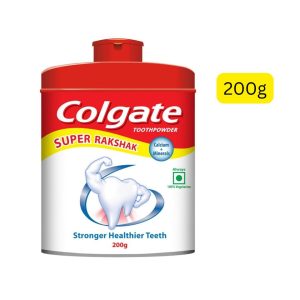 Colgate Super Rakshak Toothpowder (အိန္ဒိယနိုင်ငံထုတ် အရည်အသွေးမြင့် ကော်လ်ဂိတ်သွားတိုက်ဆေးမှုန့်၊ ကယ်လ်စီယမ်နှင့် သတ္တုဓာတ်များပါဝင်လို့ သွားများကို ပိုမိုခိုင်မာဖြူစင်စေခြင်း၊ ၁၀၀% သက်သက်လွတ်စစ်စစ်ဖြစ်ခြင်း၊ အသားတင်အလေးချိန် ၂၀၀ ဂရမ်ပါဝင်ပြီး ခံတွင်းကျန်းမာရေးအတွက် အထူးသင့်လျော်သော သွားတိုက်မှုန့်ထုတ်ကုန်)