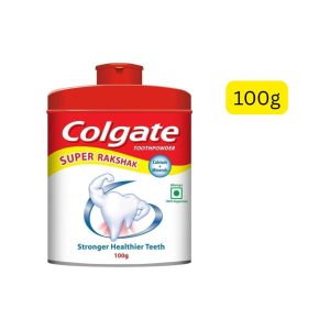 Colgate Super Rakshak Toothpowder (အိန္ဒိယနိုင်ငံထုတ် ကော်လ်ဂိတ်သွားတိုက်ဆေးမှုန့်၊ ကယ်လ်စီယမ်နှင့် သတ္တုဓာတ်များပါဝင်လို့ သွားများကို ပိုမိုခိုင်မာကျန်းမာစေခြင်း၊ ၁၀၀% သက်သက်လွတ်စစ်စစ်ဖြစ်ခြင်း၊ အသားတင်အလေးချိန် ၁၀၀ ဂရမ်ပါဝင်ပြီး ခံတွင်းကျန်းမာရေးအတွက် သယ်ဆောင်ရလွယ်ကူသော သွားတိုက်မှုန့်ထုတ်ကုန်)