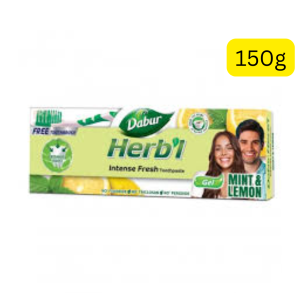 Dabur Herb'l Intense Fresh Mint & Lemon Gel Toothpaste (150g) (India) (စကားပြောလိုက်တိုင်း သံပရာနဲ့ မင်ရနံ့လေး သင်းပျံ့ပြီး ယုံကြည်မှုရှိနေချင်သလား? သဘာဝအတိုင်း ဖော်စပ်ထားတဲ့ Dabur Herb'l Intense Fresh (150g) လေးက သင့်ခံတွင်းကို တစ်နေကုန် လန်းဆန်းနေစေမှာပါ)