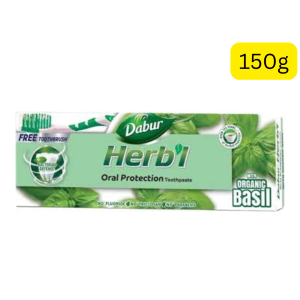 Dabur Herb'l Oral Protection Basil Toothpaste (150g) (India) (ဆေးဖက်ဝင် ပင်စိမ်း (Basil) ရဲ့ အစွမ်းနဲ့ ခံတွင်းတစ်ခုလုံးကို အပြည့်အဝကာကွယ်ဖို့... Dabur Basil ရှိတယ်နော်)