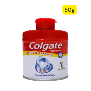 Colgate Super Rakshak Toothpowder (အိန္ဒိယနိုင်ငံထုတ် ကော်လ်ဂိတ်သွားတိုက်ဆေးမှုန့်၊ ကယ်လ်စီယမ်နှင့် သတ္တုဓာတ်များပါဝင်လို့ သွားများကို ပိုမိုခိုင်မာကျန်းမာစေခြင်း၊ ၁၀၀% သက်သက်လွတ်စစ်စစ်ဖြစ်ခြင်း၊ အသားတင်အလေးချိန် ၅၀ ဂရမ်ပါဝင်ပြီး ခရီးဆောင်သွားရန် အထူးပေါ့ပါးအဆင်ပြေသော သွားတိုက်မှုန့်ထုတ်ကုန်)