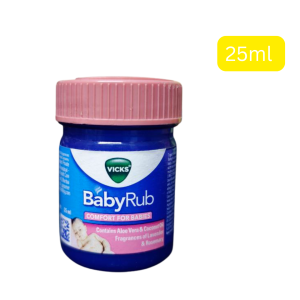 Vicks Baby Rub Comfort For Babies 25ml အသက် (၃) လနှင့်အထက် ကလေးငယ်များအတွက် အထူးထုတ်လုပ်ထားသည့် အေးမြညင်သာသော လိမ်းဆေးဖြစ်ပါသည်။ ပုံမှန် Vicks ကဲ့သို့ ပူစပ်သည့် အာနိသင်မရှိဘဲ ကလေးငယ်များ၏ နုနယ်သော အသားအရေနှင့် သင့်လျော်အောင် ဖော်စပ်ထားပါသည်။