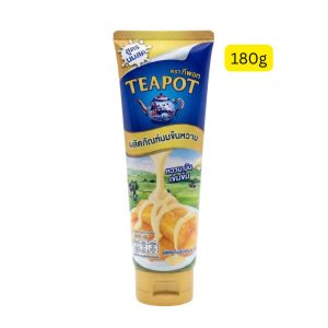 Teapot Sweetened Condensed Milk Product (Fresh Milk Formula) (ထိုင်းနိုင်ငံထုတ် အဆင့်မြင့် နို့ဆီ/နို့စိမ်းပျစ် ထုတ်ကုန်ဖြစ်ပြီး လတ်ဆတ်သော နွားနို့စစ်စစ် (Fresh Milk) ကို အခြေခံကာ ထုတ်လုပ်ထားခြင်း၊ သာမန်နို့ဆီများထက် ပိုမိုပျစ်နှစ်ပြီး ဆိမ့်မွှေးချိုအိသော အရသာထူးကဲမှုကို ပေးစွမ်းခြင်း၊ ကော်ဖီ၊ လက်ဖက်ရည်နှင့် မုန့်မျိုးစုံပေါ်တွင် အလွယ်တကူ ညှစ်၍ ဆမ်းစားနိုင်ရန် ခေတ်မီပြီး သန့်ရှင်းသော သွားတိုက်ဆေးပြွန်ပုံစံ Tube ဗူးဖြင့် ထုတ်ပိုးထားခြင်း၊ အသားတင်အလေးချိန် ၁၈၀ ဂရမ် (180g) ပါဝင်ပြီး နေ့စဉ်သောက်သုံးမည့် ဖျော်ရည်များနှင့် အချိုပွဲများကို ပိုမိုအရသာပေါ်လွင်စေရန် သုံးဆောင်လိုသူများအတွက် အထူးသင့်လျော်သော ထိုင်းနိုင်ငံထုတ် နာမည်ကြီး နို့ဆီဘူး)