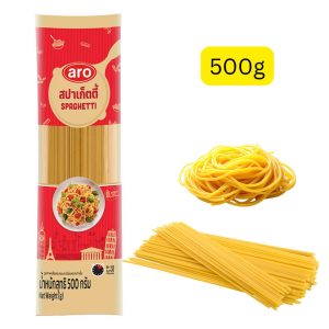 aro Spaghetti (ထိုင်းနိုင်ငံထုတ် အရည်အသွေးမြင့် စပါဂတ်တီ ခေါက်ဆွဲဖတ်ခြောက်ဖြစ်ပြီး ဂျုံကြမ်း (Durum Wheat Semolina) စစ်စစ်ဖြင့် စနစ်တကျ ထုတ်လုပ်ထားသဖြင့် ချက်ပြုတ်လိုက်သည့်အခါ မုန့်သားနူးညံ့ပြီး ကျစ်လျစ်စေးပိုင်သော အီတလီစတိုင် အရသာစစ်စစ်ကို ပေးစွမ်းနိုင်ခြင်း၊ ခန္ဓာကိုယ်အတွက် လိုအပ်သော ကာဗိုဟိုက်ဒရိတ် စွမ်းအင်ကို အပြည့်အဝရရှိစေပြီး အဆီဓာတ်နည်းပါးသဖြင့် ကိုယ်အလေးချိန်ထိန်းသိမ်းသူများနှင့် ကျန်းမာရေးလိုက်စားသူများအတွက် သင့်လျော်ခြင်း၊ စပါဂတ်တီအသားနီဆော့စ် (Tomato Sauce)၊ ပင်လယ်စာဆော့စ်၊ ကြက်သား/ဝက်သား ဆော့စ်များအပြင် မြန်မာ့ဟန် ကော်ပြန့်ကြော် သို့မဟုတ် ဆီချက်ခေါက်ဆွဲကဲ့သို့ ပုံစံမျိုးစုံ လွတ်လပ်စွာ ဖန်တီးချက်ပြုတ်နိုင်ခြင်း၊ စုစုပေါင်း အသားတင်အလေးချိန် ၅၀၀ ဂရမ် (Net Weight: 500g) ပါဝင်ပြီး အိမ်တွင်းမိသားစုများ သို့မဟုတ် စားသောက်ဆိုင်လုပ်ငန်းရှင်များအတွက်ပါ တွက်ခြေကိုက်စေရန် ထုတ်လုပ်ထားသော ခေါက်ဆွဲခြောက်ထုတ်)