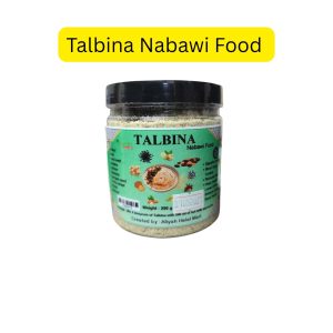 Talbina Nabawi Food (မြန်မာနိုင်ငံထုတ်၊ မုယောစပါး၊ စွန်ပလွန်သီး၊ ပျားရည်နှင့် အခွံမာသီးမျိုးစုံတို့ဖြင့် ဖော်စပ်ထားပြီး နှလုံး၊ အစာခြေစနစ်နှင့် ကိုယ်ခံအားကို အထူးကောင်းမွန်စေသည့် ၂၅၀ ဂရမ်ဝင် သဘာဝအာဟာရဓာတ်စာဗူး)