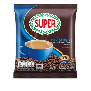 SUPER Less Sugar 3 in 1 Coffee (ထိုင်းနိုင်ငံထုတ်ဖြစ်ပြီး သကြားပါဝင်မှုကို လျှော့ချထားကာ ကော်ဖီ၊ ခရမ်မာနှင့် သကြားနည်းနည်းတို့ကို မျှတစွာဖော်စပ်ထားသောကြောင့် ဆီးချို/သွေးတိုးရှိသူများနှင့် ကျန်းမာရေးလိုက်စားသူများအတွက် သင့်လျော်ပြီး အနံ့အရသာပြည့်စုံသော အထုပ် ၂၅ ထုပ် (စုစုပေါင်း ၂၇၅ ဂရမ်) ပါဝင်သည့် အသင့်ဖျော်ကော်ဖီထုပ်ကြီး)