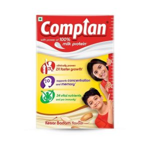 Complan Kesar Badam Flavour (အိန္ဒိယနိုင်ငံထုတ်၊ ၁၀၀% နို့ပရိုတင်းနှင့်အတူ ဗာဒံစေ့၊ ကရမက်နံ့သင်းသင်းနှင့် မရှိမဖြစ်လိုအပ်သော အာဟာရဓာတ် ၃၄ မျိုး ပါဝင်ပြီး ကလေးငယ်များ ၂ ဆပိုမိုမြန်ဆန်စွာ ထွားကျိုင်းစေခြင်း၊ မှတ်ဉာဏ်နှင့် ကိုယ်ခံအားစနစ်ကို တိုးတက်စေခြင်းတို့အတွက် အထူးသင့်လျော်သော ပရီမီယံ ကလေးအာဟာရ နို့မှုန့်ဗူး)