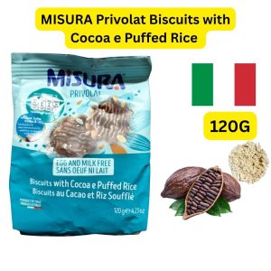 MISURA Privolat Biscuits with Cocoa e Puffed Rice (အီတလီနိုင်ငံထုတ်ဖြစ်ပြီး ဥ (ကြက်ဥ) နှင့် နို့ထွက်ပစ္စည်းများ လုံးဝမပါဝင်ဘဲ (Egg & Milk Free) အရသာရှိလှသော ကိုကိုးနှင့် ဆန်ပွစေ့ (Puffed Rice) တို့ကို ကျန်းမာရေးနှင့်ညီညွတ်စွာ ပေါင်းစပ်ဖုတ်ထားသဖြင့် သက်သတ်လွတ်စားသူများနှင့် ဥ/နို့ မတည့်သူများအတွက် အထူးသင့်လျော်သော ၁၂၀ ဂရမ် (120g) ဝင် ပရီမီယံ ကျန်းမာရေးဘီစကွတ်မုန့်)