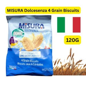 MISURA Dolcesenza 4 Grain Biscuits (အီတလီနိုင်ငံထုတ်ဖြစ်ပြီး သကြားဓာတ်ထပ်မံဖြည့်စွက်ထားခြင်း လုံးဝမရှိဘဲ (No Added Sugars) ခန္ဓာကိုယ်အတွက် အကျိုးပြုသည့် ကောက်နှံ ၄ မျိုး (ဂျုံ၊ အုတ်ဂျုံ၊ စပါးလင် သို့မဟုတ် ရာဝီဂျုံ၊ ပြောင်း) တို့ဖြင့် သဘာဝအတိုင်း အာဟာရပြည့်ဝစွာ ဖုတ်လုပ်ထားသဖြင့် ဆီးချိုသမားများ၊ ဝိတ်ချနေသူများနှင့် ကျန်းမာရေးဂရုစိုက်သူများအတွက် အထူးသင့်လျော်သော ၁၂၀ ဂရမ် (120g) ဝင် ပရီမီယံ ကောက်နှံကျန်းမာရေးဘီစကွတ်မုန့်)