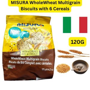 MISURA WholeWheat Multigrain Biscuits with 6 Cereals (အီတလီနိုင်ငံထုတ်ဖြစ်ပြီး ကျန်းမာရေးအတွက် အထူးကောင်းမွန်သော ဂျုံကြမ်း (Wholewheat) အခြေခံနှင့်အတူ အာဟာရပြည့်ဝသည့် ကောက်နှံ ၆ မျိုး (6 Cereals) တို့ကို စနစ်တကျ ပေါင်းစပ်ဖုတ်လုပ်ထားသဖြင့် အမျှင်ဓာတ် (Fiber) အပြည့်အဝရရှိစေကာ ဝိတ်ချနေသူများ၊ ဆီးချိုသမားများနှင့် ကျန်းမာရေးဂရုစိုက်သူများအတွက် အထူးသင့်လျော်သော ၁၂၀ ဂရမ် (120g) ဝင် ပရီမီယံ ကောက်နှံစုံကျန်းမာရေးဘီစကွတ်မုန့်)