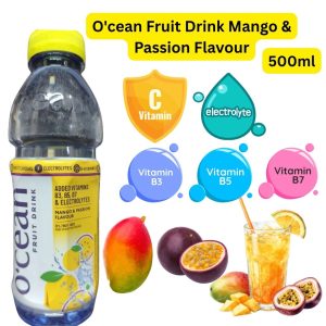 O'cean Fruit Drink Mango & Passion Flavour (အိန္ဒိယနိုင်ငံထုတ်ဖြစ်ပြီး ခန္ဓာကိုယ်အတွက် မရှိမဖြစ်လိုအပ်သော အီလက်ထရိုလိုက် (Electrolytes) နှင့်အတူ ဗီတာမင် B3, B5, B7 တို့ကို အချိုးကျကျ ပေါင်းစပ်ဖော်စပ်ထားကာ သစ်သီးဖျော်ရည် ၁၂ ရာခိုင်နှုန်း (12% Fruit Juice) ပါဝင်ပြီး သရက်သီးနှင့် ပင်မှည့်သီး ၏ ထူးခြားဆန်းသစ်သော အရသာကြောင့် ရင်အေးလန်းဆန်းစေမည့် ၅၀၀ မီလီလီတာဝင် ပရီမီယံ အားဖြည့်အချိုရည်ပုလင်း)