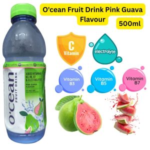 O'cean Fruit Drink Pink Guava Flavour (အိန္ဒိယနိုင်ငံထုတ်ဖြစ်ပြီး ခန္ဓာကိုယ်အတွက် မရှိမဖြစ်လိုအပ်သော အီလက်ထရိုလိုက် (Electrolytes) နှင့်အတူ ဗီတာမင် B3, B5, B7 တို့ကို အချိုးကျကျ ပေါင်းစပ်ဖော်စပ်ထားကာ သစ်သီးဖျော်ရည် ၁၂ ရာခိုင်နှုန်း (12% Fruit Juice) ပါဝင်ပြီး ပန်းရောင်မာလကာသီး (Pink Guava) ၏ မွှေးပျံ့ဆိမ့်ချိုသော အရသာကြောင့် ရင်အေးလန်းဆန်းစေမည့် ၅၀၀ မီလီလီတာဝင် ပရီမီယံ အားဖြည့်အချိုရည်ပုလင်း)
