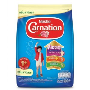 Nestle Carnation 1+ Plus SmartGO Vanilla Flavoured Milk Product with Fiber (ထိုင်းနိုင်ငံထုတ်ဖြစ်ပြီး အသက် ၁ နှစ်နှင့်အထက် ကလေးငယ်များနှင့် မိသားစုဝင်များအတွက် အထူးသင့်လျော်ကာ ဉာဏ်ရည်ဖွံ့ဖြိုးမှုကို ထောက်ကူပေးသည့် DHA၊ Omega 3, 6, 9၊ အရိုးနှင့်သွားများကို သန်စွမ်းစေသော ကယ်လ်စီယမ်ဓာတ်မြင့်မားစွာ ပါဝင်သည့်အပြင် အစာခြေစနစ်ကို ကောင်းမွန်စေမည့် သဘာဝအမျှင်ဓာတ် (Fiber) တို့ဖြင့် စနစ်တကျ အချိုးကျဖော်စပ်ထားကာ ကလေးငယ်များအကြိုက် ဗနီလာ (Vanilla) နံ့သင်းသင်းလေးဖြင့် ဆိမ့်မွှေးလှသည့် ၅၀၀ ဂရမ် (500g) ဝင် ပရီမီယံ အာဟာရနို့မှုန့်)