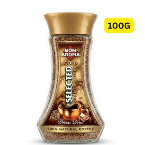 Bon Aroma Gold Selected Quality Coffee (ဆွတ်ဇာလန်နည်းပညာဖြင့် ၁၀၀% သဘာဝကော်ဖီစေ့အကောင်းဆုံးများကို သေချာစွာရွေးချယ်ကာ Freeze-Dried အဆင့်မြင့်နည်းပညာဖြင့် ထုတ်လုပ်ထားသဖြင့် သဘာဝကော်ဖီရနံ့နှင့် အရသာစစ်စစ်ကို အပြည့်အဝရရှိစေခြင်း၊ ခန္ဓာကိုယ်ကို ချက်ချင်းလန်းဆန်းတက်ကြွစေခြင်းနှင့် အာရုံစူးစိုက်မှုကို ကောင်းမွန်စေခြင်း စသည့်အကျိုးကျေးဇူးများကို ပေးစွမ်းနိုင်ပြီး အလွယ်တကူ ကိုင်တွယ်အသုံးပြုနိုင်သည့် အလေးချိန် ၁၀၀ ဂရမ် (100g) ဝင် ပရီမီယံ ကော်ဖီမှုန့်ဖန်ဗူး)