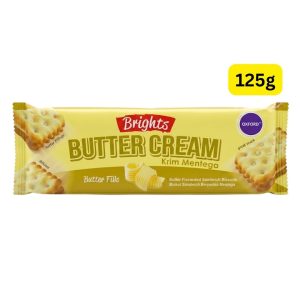 Brights Butter Cream - Krim Mentega (မလေးရှားနိုင်ငံထုတ် အဆင့်မြင့်မုန့်အမျိုးအစားဖြစ်ပြီး ကြွပ်ရွသော ဘီစကစ်အလွှာနှစ်ခုကြားတွင် မွှေးပျံ့စိမ့်အိလှသော ထောပတ်ကရင်မ်အနှစ်များ (Butter Fills) ကို ညှပ်ထားကာ ခန္ဓာကိုယ်အတွက် စွမ်းအင်ကို ချက်ချင်းဖြည့်တင်းပေးခြင်း၊ ခံတွင်းမြိန်စေခြင်း၊ လက်ဖက်ရည်၊ ကော်ဖီ၊ နို့တို့နှင့် အလွန်လိုက်ဖက်ညီခြင်း စသည့်အကျိုးကျေးဇူးများကို ပေးစွမ်းနိုင်ပြီး သွားလေရာ သယ်ဆောင်ရလွယ်ကူသည့် အလေးချိန် ၁၂၅ ဂရမ် (125g) ဝင် ပရီမီယံ ထောပတ်ကရင်မ်ညှပ်မုန့်ထုပ်)