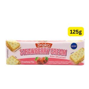 Brights Strawberry Cream - Krim Strawberi (မလေးရှားနိုင်ငံထုတ် အဆင့်မြင့်မုန့်အမျိုးအစားဖြစ်ပြီး ကြွပ်ရွသော ဘီစကစ်အလွှာနှစ်ခုကြားတွင် ချိုချဉ်မွှေးပျံ့လှသော စတော်ဘယ်ရီကရင်မ်အနှစ်များ (Strawberry Fills) ကို ညှပ်ထားကာ ခန္ဓာကိုယ်အတွက် စွမ်းအင်ကို ချက်ချင်းဖြည့်တင်းပေးခြင်း၊ ခံတွင်းလန်းဆန်းစေခြင်း၊ လက်ဖက်ရည်၊ ကော်ဖီ၊ နို့တို့နှင့် အလွန်လိုက်ဖက်ညီခြင်း စသည့်အကျိုးကျေးဇူးများကို ပေးစွမ်းနိုင်ပြီး သွားလေရာ သယ်ဆောင်ရလွယ်ကူသည့် အလေးချိန် ၁၂၅ ဂရမ် (125g) ဝင် ပရီမီယံ စတော်ဘယ်ရီကရင်မ်ညှပ်မုန့်ထုပ်)