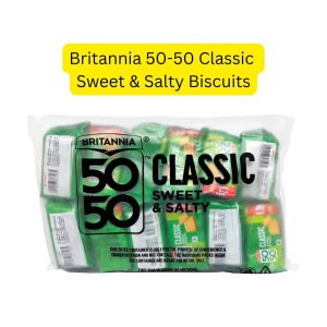 Britannia 50-50 Classic Sweet & Salty Biscuits (အိန္ဒိယနိုင်ငံ၏ နာမည်ကြီး Britannia အမှတ်တံဆိပ်ဖြစ်ပြီး အချိုနှင့်အငန်အရသာ နှစ်မျိုးလုံးကို တစ်ပြိုင်နက်တည်း (50-50) မျှတစွာ ခံစားရစေရန် အထူးဖော်စပ်ထားသောကြောင့် ပါးစပ်မအီဘဲ စားရသည်မှာ စွဲမက်ဖွယ်ကောင်းခြင်း၊ ခန္ဓာကိုယ်အတွက် အပေါ့စားစွမ်းအင်ကို ချက်ချင်းရရှိစေခြင်း၊ လက်ဖက်ရည်၊ ကော်ဖီတို့နှင့် အလွန်လိုက်ဖက်ခြင်း စသည့်အကျိုးကျေးဇူးများကို ပေးစွမ်းနိုင်ပြီး အထဲတွင် တစ်ထုပ်လျှင် ၉.၃ ဂရမ် (9.3g)