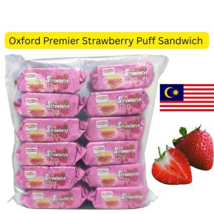 Oxford Premier Strawberry Puff Sandwich (မလေးရှားနိုင်ငံထုတ် အဆင့်မြင့်မုန့်အမျိုးအစားဖြစ်ပြီး အပြင်ဘက်တွင် ကြွပ်ရွသော ဘီစကစ် (Crispy outside) နှင့် အတွင်းဘက်တွင် ချိုချဉ်စိမ့်မွှေးနေသော စတော်ဘယ်ရီကရင်မ် (Creamy inside) တို့ကို ဆန်းသစ်စွာ ပေါင်းစပ်ဖော်စပ်ထားကာ ခန္ဓာကိုယ်အတွက် စွမ်းအင်နှင့် အာဟာရကို ချက်ချင်းဖြည့်တင်းပေးနိုင်ခြင်း၊ လက်ဖက်ရည်၊ ကော်ဖီ၊ နို့တို့နှင့် လိုက်ဖက်ခြင်း စသည့်အကျိုးကျေးဇူးများကို ပေးစွမ်းနိုင်ပြီး အထဲတွင် အထုပ်သေး ၁၂ ထုပ်ခွဲပါဝင်ကာ စုစုပေါင်း အလေးချိန် ၂၂၈ ဂရမ် (228g) ဝင် ပရီမီယံ စတော်ဘယ်ရီကရင်မ်ညှပ်မုန့်ထုပ်ကြီး)