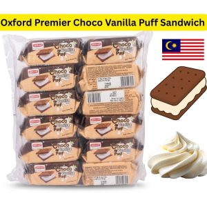 Oxford Premier Choco Vanilla Puff Sandwich (မလေးရှားနိုင်ငံထုတ် အဆင့်မြင့်မုန့်အမျိုးအစားဖြစ်ပြီး ကြွပ်ရွလှသော ချောကလက်ဘီစကစ်အလွှာနှစ်ခုကြားတွင် မွှေးပျံ့စိမ့်အိနေသော ဗနီလာကရင်မ် (Creamy Vanilla inside) တို့ကို ဆန်းသစ်စွာ ပေါင်းစပ်ဖော်စပ်ထားကာ ခန္ဓာကိုယ်အတွက် စွမ်းအင်နှင့် အာဟာရကို ချက်ချင်းဖြည့်တင်းပေးနိုင်ခြင်း၊ လက်ဖက်ရည်၊ ကော်ဖီ၊ နို့တို့နှင့် အလွန်လိုက်ဖက်ခြင်း စသည့်အကျိုးကျေးဇူးများကို ပေးစွမ်းနိုင်ပြီး အထဲတွင် တစ်ထုပ်လျှင် ၂၇.၅ ဂရမ်မှ ၃၁ ဂရမ်ဝန်းကျင်ခန့်ရှိသော အထုပ်သေး ၁၂ ထုပ်ပါဝင်ကာ စုစုပေါင်း အလေးချိန် ၃၃၀ ဂရမ်ခန့်ဝင် ပရီမီယံ ချောကလက်ဗနီလာကရင်မ်ညှပ်မုန့်ထုပ်ကြီး)