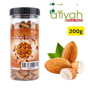 ဗာဒံစေ့ - Almond (မြန်မာနိုင်ငံတွင် Afiyah Halal Mart မှ သန့်ရှင်းသပ်ရပ်စွာ ထုတ်ပိုးဖြန့်ချိပြီး ဗီတာမင် E၊ ပရိုတင်းနှင့် အမျှင်ဓာတ်များ ကြွယ်ဝစွာပါဝင်ကာ ဦးနှောက်မှတ်ဉာဏ်ကို ကောင်းမွန်စေခြင်း၊ အသားအရေစိုပြေစေခြင်း၊ နှလုံးကျန်းမာရေးနှင့် ကိုယ်ခံအားစနစ်ကို မြှင့်တင်ပေးနိုင်ခြင်း၊ အာဟာရပြည့်ဝသော သရေစာအဖြစ် တိုက်ရိုက်စားသုံးနိုင်သလို ဟင်းလျာများနှင့် မုန့်မျိုးစုံတွင် ထည့်သွင်းအသုံးပြုနိုင်သည့် အလေးချိန် ၂၀၀ ဂရမ် (200g) ဝင် ဗာဒံစေ့ဘူး)
