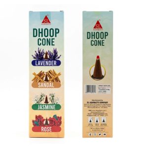 SL AGARBATTI DHOOP CONE (အိန္ဒိယနိုင်ငံထုတ် အရည်အသွေးမြင့် ကုန်းကွန်ပုံ နံ့သာခဲ အမွှေးတိုင်ဖြစ်ပြီး တစ်ဘူးအတွင်း Lavender၊ Sandal၊ Jasmine နှင့် Rose ဟူ၍ လူကြိုက်အများဆုံး သဘာဝပန်းရနံ့ (၄) မျိုးစုံလင်စွာ ခွဲခြားပါဝင်ကာ စုစုပေါင်းအထုပ်အငယ် ၁၂ ထုပ် x ၂၀ ဂရမ်ဖြင့် အသားတင်အလေးချိန် 240g ရှိပြီး စိတ်ဖိစီးမှုများကို ပြေလျော့စေခြင်း၊ စိတ်ကြည်လင်လန်းဆန်း၍ အာရုံစူးစိုက်မှုကို ကောင်းမွန်စေခြင်း၊ အခန်းတွင်း မကောင်းသော အနံ့ဆိုးများကို ပယ်ဖျောက်ပေးခြင်း စသည့် အကျိုးကျေးဇူးများကို ပေးစွမ်းနိုင်ကာ ဘာသာရေးပူဇော်ရန်၊ တရားဘာဝနာပွားများရန် သို့မဟုတ် အနံ့မွှေးရနံ့ကုထုံးအဖြစ် မီးညှိအသုံးပြုနိုင်သည့် သဘာဝဆေးဖော်စပ် အမွှေးနံ့သာခဲဘူးကြီး)