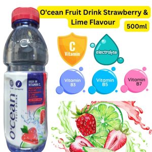 O'cean Fruit Drink Strawberry & Lime Flavour (အိန္ဒိယနိုင်ငံထုတ်ဖြစ်ပြီး ခန္ဓာကိုယ်အတွက် မရှိမဖြစ်လိုအပ်သော အီလက်ထရိုလိုက် (Electrolytes)၊ ဗီတာမင်စီ (Vitamin C) မြင့်မားစွာပါဝင်မှုနှင့်အတူ ဗီတာမင် B3, B5, B7 တို့ကို ပေါင်းစပ်ဖော်စပ်ထားကာ သစ်သီးဖျော်ရည် ၁၂ ရာခိုင်နှုန်း (12% Fruit Juice) ပါဝင်ပြီး စတော်ဘယ်ရီနှင့် သံပရာအရသာ ပေါင်းစပ်ထားသောကြောင့် ချိုချဉ်လန်းဆန်းစေမည့် ၅၀၀ မီလီလီတာဝင် ပရီမီယံ အားဖြည့်အချိုရည်ပုလင်း)
