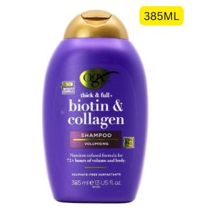 OGX Thick & Full + Biotin & Collagen Shampoo (ဘိုင်အိုတင် (Biotin) နှင့် ကော်လာဂျင် (Collagen) တို့ ပါဝင်ပြီး ဆံသားကို အားဖြည့်ကာ ပိုမိုထူထဲဖောင်းကြွစေသော၊ ၇၂ နာရီကျော်ကြာ ဆံအုံထူထဲမှုကို ထိန်းသိမ်းပေးသည့် ဆာလ်ဖိတ်ကင်းစင်သော (Sulphate-free) ခေါင်းလျှော်ရည်၊ ပမာဏ 385ml၊ UK/USA နိုင်ငံထုတ်)