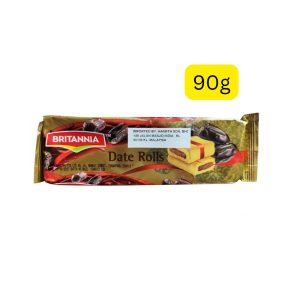 Britannia Date Rolls (သဘာဝ စွန်ပလွံသီးအနှစ် ပါဝင်ပြီး ခန္ဓာကိုယ်အတွက် ခွန်အားနှင့် အာဟာရကို ပေးစွမ်းနိုင်သော၊ အရသာရှိပြီး ကျန်းမာရေးနှင့် ညီညွတ်သည့် စွန်ပလွံသီး ကွတ်ကီး၊ အလေးချိန် 90g၊ နာမည်ကြီး Britannia အမှတ်တံဆိပ်)