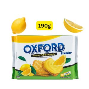 Oxford Premier Lemon Puff Sandwich (မလေးရှားနိုင်ငံထုတ် အရည်အသွေးမြင့် ဘီစကစ်အမျိုးအစားဖြစ်ပြီး အပြင်ဘက်တွင် ကြွပ်ရွသော Puff ဘီစကစ်နှင့် အတွင်းတွင် လတ်ဆတ်ချိုချဉ်မွှေးသော သံပရာခရင်မ်တို့ ပေါင်းစပ်ပါဝင်ခြင်း၊ အသားတင်အလေးချိန် 190g ပါရှိပြီး အတွင်း၌ တစ်ထုပ်ချင်းစီ သီးသန့်ထုပ်ပိုးထားသော 10 individual packs ပါဝင်ခြင်း၊ ခန္ဓာကိုယ်အတွက် စွမ်းအင်ကို လျင်မြန်စွာရရှိစေပြီး စိတ်ရွှင်လန်းလန်းဆန်းစေကာ သွားလာရလွယ်ကူပြီး အဆာပြေစားသုံးရန် အထူးသင့်လျော်ခြင်း စသည့် ကောင်းကျိုးများကို ပေးစွမ်းနိုင်သည့် ပရီမီယံ အဆာပြေမုန့်ထုပ်ကြီး)