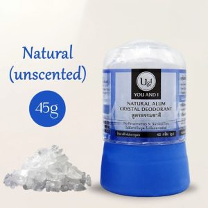 You And I Natural Alum Crystal Deodorant (သဘာဝကျောက်ချဉ်စစ်စစ်ဖြင့် ထုတ်လုပ်ထားပြီး အနံ့အသက်မပါဝင်သော (Unscented)၊ ချွေးနံ့ကို တစ်နေ့တာလုံး ထိရောက်စွာ ကာကွယ်ပေးသော သဘာဝကျောက်ချဉ်တုံး၊ အရက်ပြန်နှင့် ဓာတုတာရှည်ခံပစ္စည်းများ လုံးဝမပါဝင်သော၊ အလေးချိန် 45g၊ ထိုင်းနိုင်ငံထုတ်)