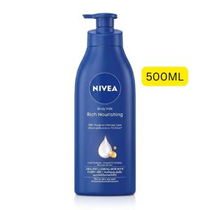 NIVEA Body Milk Rich Nourishing (ထိုင်းနိုင်ငံထုတ် ခန္ဓာကိုယ်လိမ်း လိုးရှင်းခရမ်ဖြစ်ပြီး ခြောက်သွေ့လွန်းသော အရေပြားကို နက်ရှိုင်းစွာ အာဟာရဖြည့်တင်းပေးမည့် Pure Hyaluron၊ Almond Oil နှင့် Deep Nourish Serum တို့ ပါဝင်ခြင်း၊ အရေပြားကို ၇၂ နာရီပတ်လုံး မပြတ်သော အစိုဓာတ် (72h Moisture & Intense Care) ပေးစွမ်းနိုင်ခြင်း၊ အသားတင်ပမာဏ 500ml ဘူးကြီးဖြစ်ပြီး အသားခြောက်သူများနှင့် အလွန်အမင်း အသားပတ်/အသားခြောက်တတ်သူများ (Dry to very dry skin) အတွက် အထူးသင့်လျော်သော ပရီမီယံနို့ရည်လိုးရှင်း)
