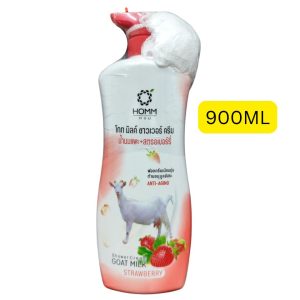 HOMM POU Goat Milk Shower Cream Strawberry (အသားအရေကို အစိုဓာတ်ဖြည့်ပေးသော ဆိတ်နို့နှင့် ဖြူဝင်းတောက်ပစေသော စတော်ဘယ်ရီ အဆီအနှစ်များ ပါဝင်ပြီး အရွယ်တင်နုပျိုစေသော (Anti-aging) ကိုယ်တိုက်ဆပ်ပြာရည်၊ ပမာဏ ၉၀၀ မီလီလီတာ (900ML) အပြည့်ပါဝင်သည်၊ ထိုင်းနိုင်ငံထုတ်)