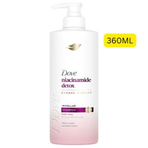 Dove Niacinamide Detox Micellar Shampoo (ဦးရေပြားကို Detox လုပ်ပေးပြီး အဆီပြန်ခြင်းကို ထိန်းချုပ်ပေးသော နိုင်ယာဆင်နမိုက် (Niacinamide) နှင့် Micellar နည်းပညာတို့ ပါဝင်ကာ ဆံသားပျက်စီးခြင်းကို ကုသပေးသည့် ခေါင်းလျှော်ရည်၊ ပမာဏ ၃၆၀ မီလီလီတာ (360ML) ပါဝင်သည်၊ ကမ္ဘာကျော် Dove အမှတ်တံဆိပ်)