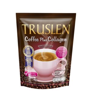 Truslen Coffee Plus Collagen (ငါးမှရရှိသော ကော်လာဂျင် (Fish Collagen Peptide)၊ အဆီကျစေသော L-Carnitine၊ ကြွက်သားကျစ်လျစ်စေသော L-Glutamine နှင့် L-Arginine တို့ပါဝင်ပြီး အသားအရေလှပကာ ခန္ဓာကိုယ်သွယ်လျကျစ်လျစ်စေသော ကျန်းမာရေးကော်ဖီ၊ သကြားလုံးဝမပါဝင်ပါ၊ အလေးချိန် ၂၄၀ ဂရမ် (၁၆ ဂရမ် x ၁၅ ထုပ်) ပါဝင်သည်၊ ထိုင်းနိုင်ငံထုတ်)