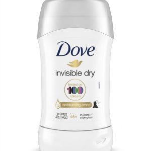 Dove Invisible Dry Antiperspirant Deodorant Stick (အင်္ကျီအရောင် ၁၀၀ ပေါ်တွင် အဖြူကွက်မထင်စေရန် စမ်းသပ်ထုတ်လုပ်ထားပြီး ၄၈ နာရီကြာ ချွေးနှင့် ချွေးနံ့ကို ကာကွယ်ပေးသော၊ 1/4 Moisturising Cream ပါဝင်၍ ဂျိုင်းသားကို နူးညံ့ချောမွေ့စေသည့် အယ်လ်ကိုဟော (0% Alcohol) ကင်းစင်သော ဂျိုင်းလိမ်းချွေးနံ့ပျောက်ဆေး၊ အလေးချိန် 40g ပါဝင်သည်၊ ကမ္ဘာကျော် Dove အမှတ်တံဆိပ်)
