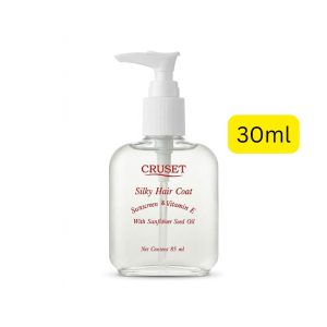CRUSET Silky Hair Coat (နေလောင်ဒဏ်ကာကွယ်ပေးသော Sunscreen၊ ဗီတာမင် E နှင့် နေကြာစေ့ဆီ (Sunflower Seed Oil) တို့ ပါဝင်ပြီး ဆံသားကို နူးညံ့ပျော့ပျောင်း တောက်ပစေသော ဆံပင်လိမ်းဆီ၊ ပမာဏ 30ml ပါဝင်သည်၊ ထိုင်းနိုင်ငံထုတ်)