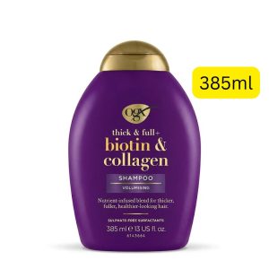 OGX Thick & Full+ Biotin & Collagen Shampoo (ဆံသားကို ထူထဲသန်စွမ်းစေသော Biotin နှင့် Collagen ဓာတ်များ ပါဝင်ပြီး ဆံပင်ပါးခြင်း၊ ကျွတ်ခြင်းများကို သက်သာစေကာ ကျန်းမာတောက်ပသော ဆံကေသာကို ရရှိစေသည့် ခေါင်းလျှော်ရည်၊ ဆာလဖိတ် (Sulphate-free) ကင်းစင်သောဖော်မြူလာ၊ ၃၈၅ မီလီလီတာ ပါဝင်သည်၊ အမေရိကန်အမှတ်တံဆိပ်)