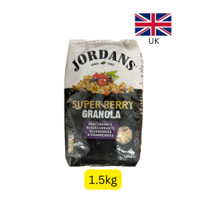 Jordans Super Berry Granola (အုတ်ဂျုံ၊ သဘာဝအသီးအနှံများနှင့် အနီရောင်/အမည်းရောင် ကာရန့်သီးများ၊ ဘလူးဘယ်ရီ၊ ခရန်ဘယ်ရီ စသည့် ဘယ်ရီသီးပေါင်းစုံ (Redcurrants, Blackcurrants, Blueberries & Cranberries) ပါဝင်ပြီး ခန္ဓာကိုယ်အတွက် အာဟာရနှင့် ခွန်အားကို ပြည့်ဝစွာပေးစွမ်းနိုင်သော ကျန်းမာရေးနှင့်ညီညွတ်သည့် အသင့်စား ဂရက်နိုလာ (Granola)၊ အလေးချိန် 1.5kg၊ ယူကေ (UK) နိုင်ငံထုတ်)