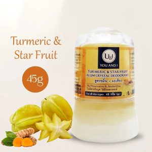 You And I Turmeric & Star Fruit Alum Crystal Deodorant (နနွင်းနှင့် စောင်းလျားသီး အဆီအနှစ်များ ပါဝင်ပြီး ချိုင်းကြားအသားအရေကို ဖြူဝင်းချောမွေ့စေကာ ချွေးနံ့ကို တစ်နေ့တာလုံး ထိရောက်စွာ ကာကွယ်ပေးသော သဘာဝကျောက်ချဉ်တုံး၊ အရက်ပြန်နှင့် ဓာတုတာရှည်ခံပစ္စည်းများ လုံးဝမပါဝင်သော၊ အလေးချိန် 45g၊ ထိုင်းနိုင်ငံထုတ်)