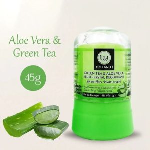 You And I Green Tea & Aloe Vera Alum Crystal Deodorant (ရှားစောင်းလက်ပပ်နှင့် လက်ဖက်စိမ်း အဆီအနှစ်များ ပါဝင်ပြီး ချိုင်းကြားအသားအရေကို စိုပြည်ချောမွေ့စေကာ ချွေးနံ့ကို တစ်နေ့တာလုံး ထိရောက်စွာ ကာကွယ်ပေးသော သဘာဝကျောက်ချဉ်တုံး၊ အရက်ပြန်နှင့် ဓာတုတာရှည်ခံပစ္စည်းများ လုံးဝမပါဝင်သော၊ အလေးချိန် 45g၊ ထိုင်းနိုင်ငံထုတ်)