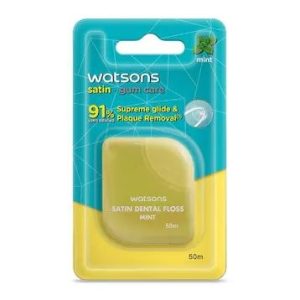 Watsons Satin Dental Floss Mint (သွားကြားရှိ အညစ်အကြေးနှင့် သွားချေးဂျိုးများကို ၉၁ ရာခိုင်နှုန်းအထိ ဖယ်ရှားပေးနိုင်သော၊ သွားဖုံးကို မထိခိုက်စေဘဲ ချောမွေ့စွာ ဝင်ရောက်နိုင်သော ပိုးသားကြိုး (Satin) သွားကြားထိုးကြိုး၊ လန်းဆန်းသော ပူစီနံ (Mint) အရသာပါဝင်သည်၊ အရှည် ၅၀ မီတာ (50m) ပါဝင်သော နာမည်ကြီး Watsons အမှတ်တံဆိပ်)