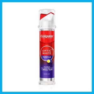 Colgate Optic White Purple (Pump) (သွားဝါခြင်းကို ချက်ချင်း ဖုံးကွယ်ပေးပြီး သွားများကို ဖြူစင်တောက်ပစေသော ခရမ်းရောင်နည်းပညာသုံး သွားတိုက်ဆေး၊ သွားကြွေလွှာကို မထိခိုက်စေသော (Enamel Safe) ဖော်မြူလာ၊ အသုံးပြုရလွယ်ကူသော ပန့် (Pump) ဘူးဒီဇိုင်း၊ ကမ္ဘာကျော် Colgate အမှတ်တံဆိပ်)