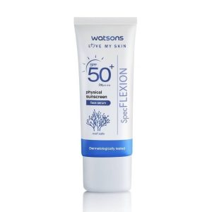 Watsons SpecFLEXION Physical Sunscreen Face Serum (နေလောင်ဒဏ်ကို အပြည့်အဝ ကာကွယ်ပေးနိုင်သော SPF 50+ PA++++ ပါဝင်သည့် မျက်နှာလိမ်း Physical နေလောင်ခံ ဆီရမ်၊ ထိခိုက်လွယ်သော အသားအရေအတွက် အထူးသင့်တော်ပြီး သန္တာကျောက်တန်းများကို မထိခိုက်စေသော (Reef Safe) ဖော်မြူလာ၊ အရေပြားဆရာဝန်များမှ စမ်းသပ်ထောက်ခံထားသော နာမည်ကြီး Watsons အမှတ်တံဆိပ်)