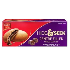 Parle Platina Hide & Seek Centre Filled Choco Cookies (မုန့်အတွင်း၌ သဲလွန်စမကျန် စိမ့်ဝင်စီးဆင်းနေသော ချောကလက်အနှစ်များဖြင့် အပြည့်ဖြည့်သွင်းထားပြီး အပြင်ဘက် ကြွပ်ရွမှုနှင့်အတူ ချောကလက်၏ စိမ့်မွှေးအရသာကို ပေးစွမ်းနိုင်သော၊ ခန္ဓာကိုယ်အတွက် လိုအပ်သည့် စွမ်းအင်ကို မြန်ဆန်စွာ အားဖြည့်ပေးသည့်၊ အသားတင်အလေးချိန် 75g (2.64 oz)၊ Made in India)
